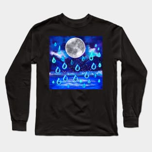 Blue Moon at midnight - Full moon in the rain, midnight landscape with raindrops falling into Water Long Sleeve T-Shirt